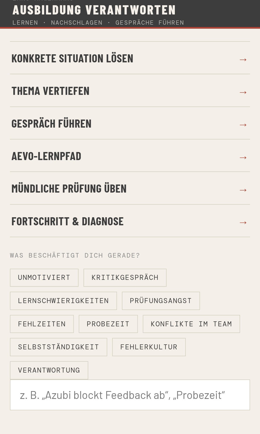 Startbildschirm der Lernapp mit sechs Bereichen